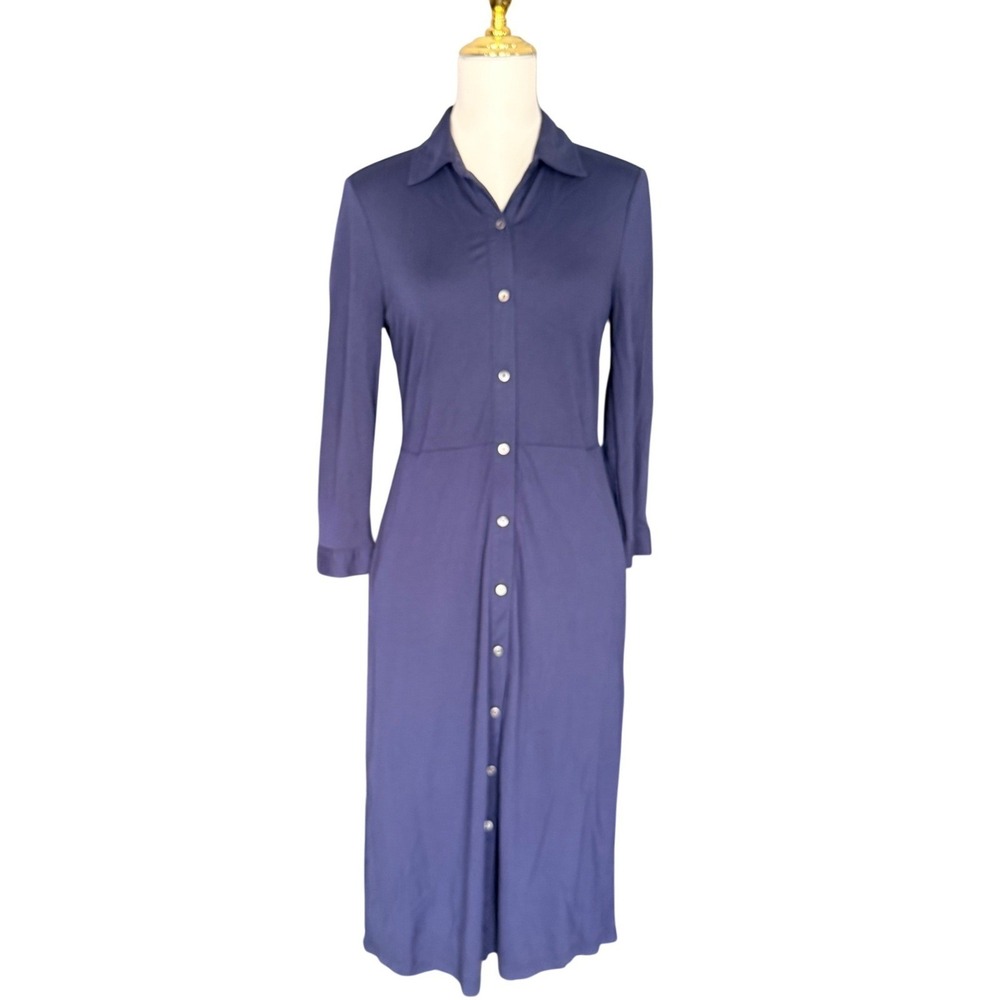 J.McLaughlin Navy Blue Button Front Jersey Midi Shirt Dress Small Long Sleeve